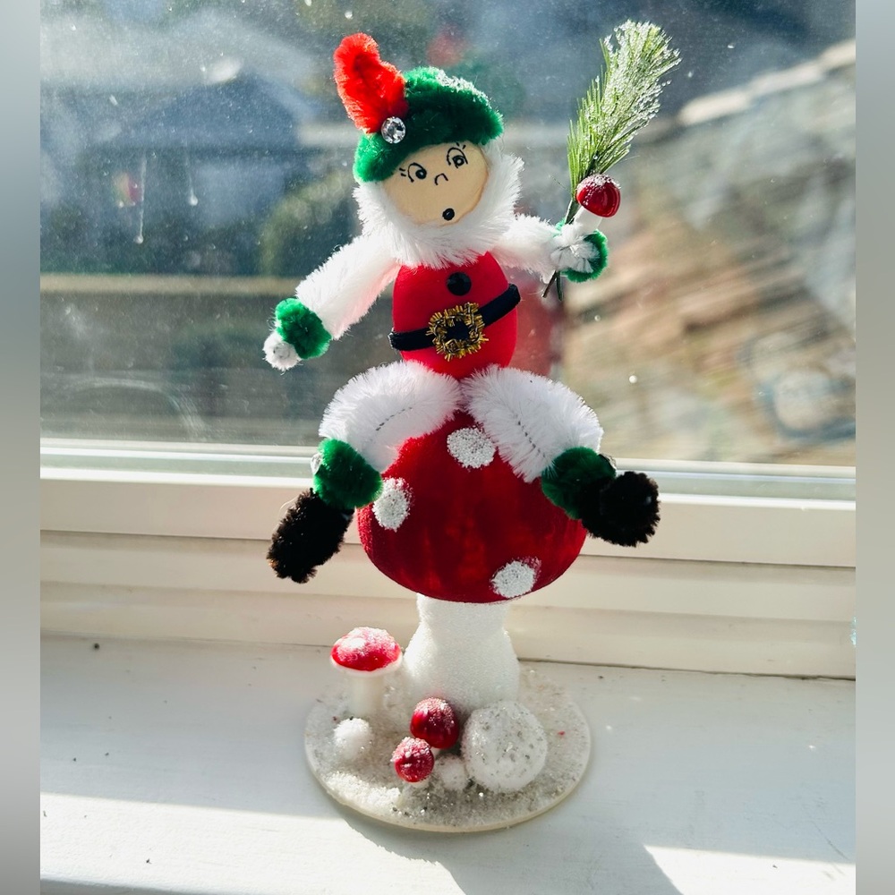 Festive vintage repurposed Elf on Mushroom Holiday Decoration